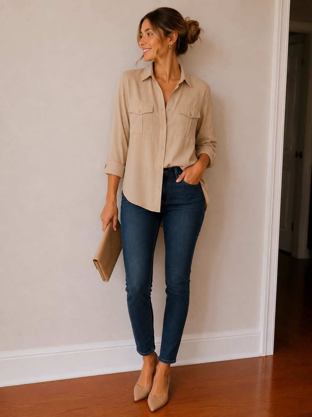💯 %silk Beige Top with Neck Label